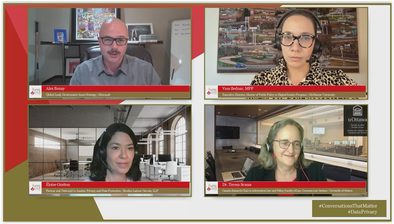 Screenshot of virtual panel discussion with four speakers. One male moderator and three female panelists.