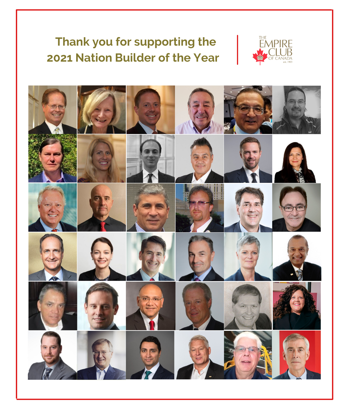 alt= A collage of smiling Empire Club of Canada members titled "Thank you for supporting the 2021 Nation Builder of the Year".