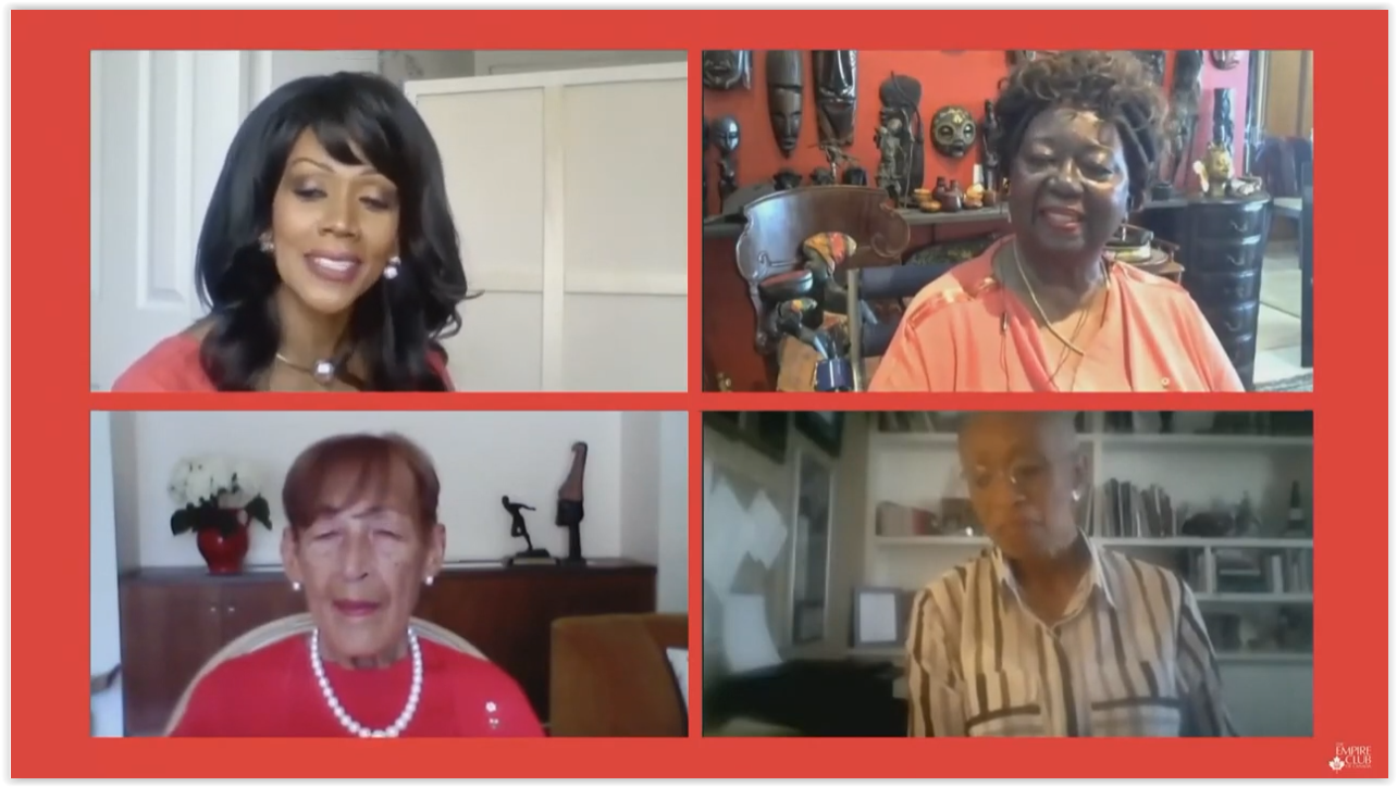 image with headshots of four black women smiling as they participate in a virtual panel discussion